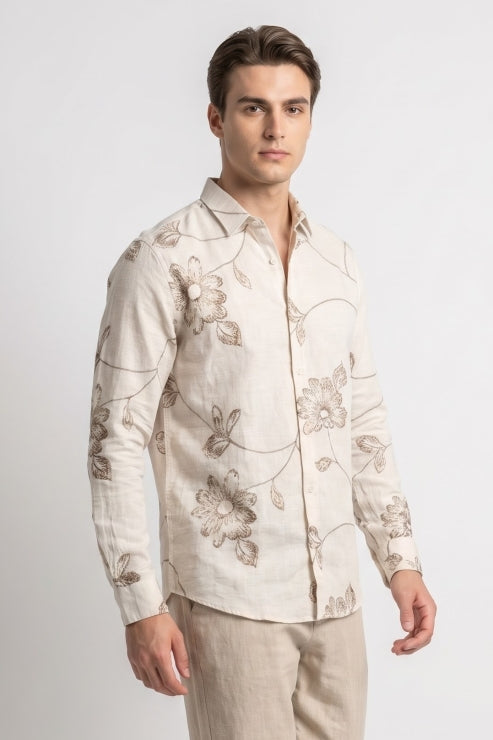 Abstract Floral Embroidered Linen Shirt
