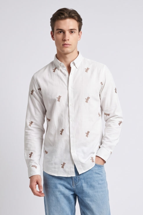 Dragonfly Embroidery Jute Shirt