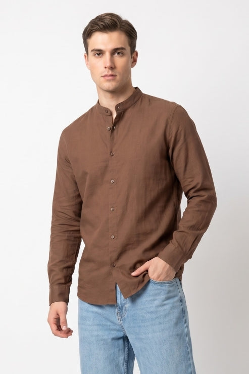 Brown Chinese Collar Regular Fit Shirt