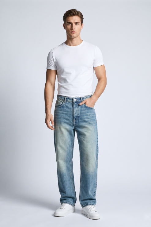 Straight Fit Denim Jeans - Vintage Wash