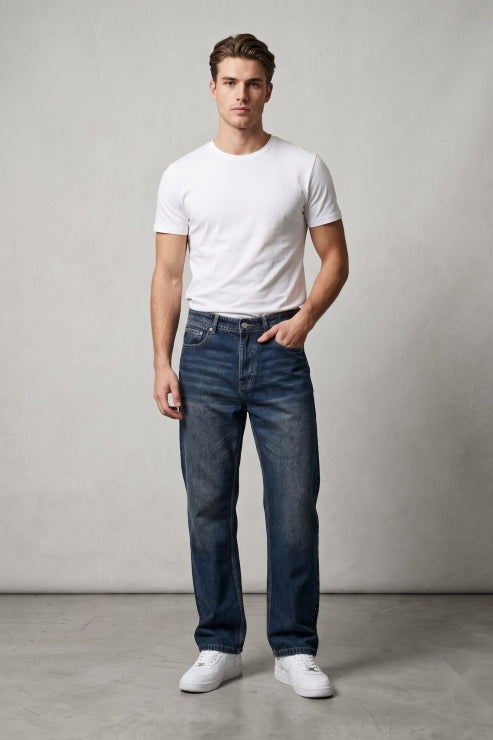 Straight Fit Denim Jeans - Dark Indigo Wash