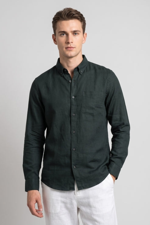 Dark Green Linen Regular Fit Shirt