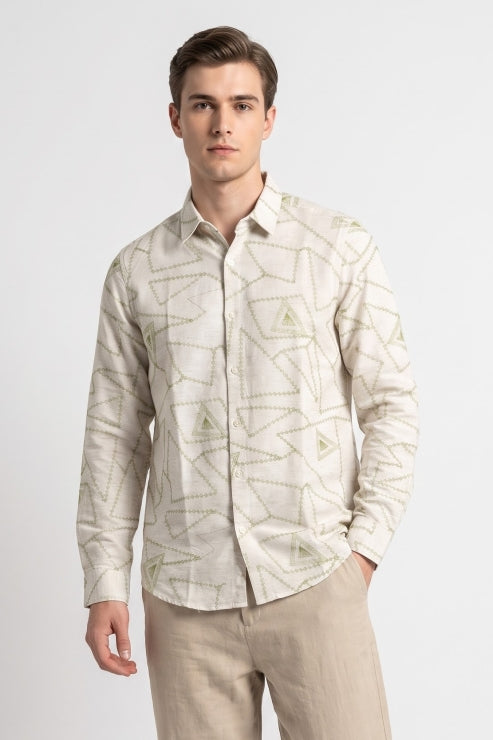Abstract Geometry Embroidered Linen Shirt