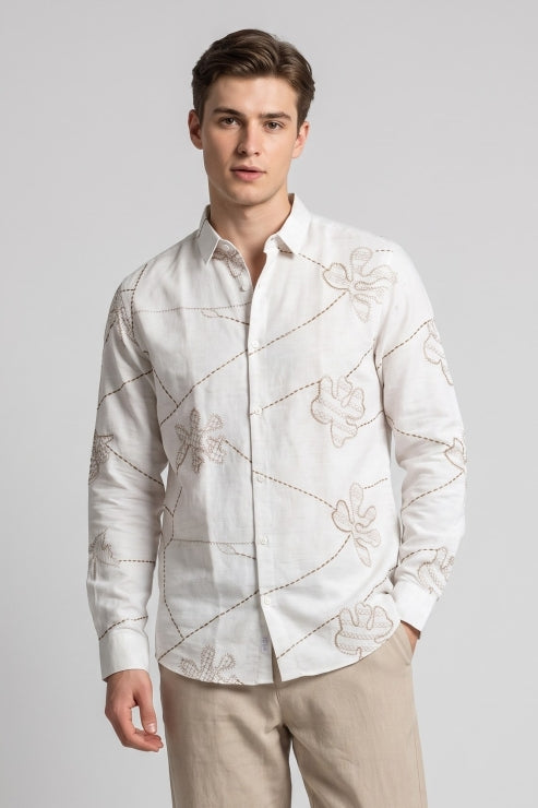 Abstract Design Embroidered Linen Shirt
