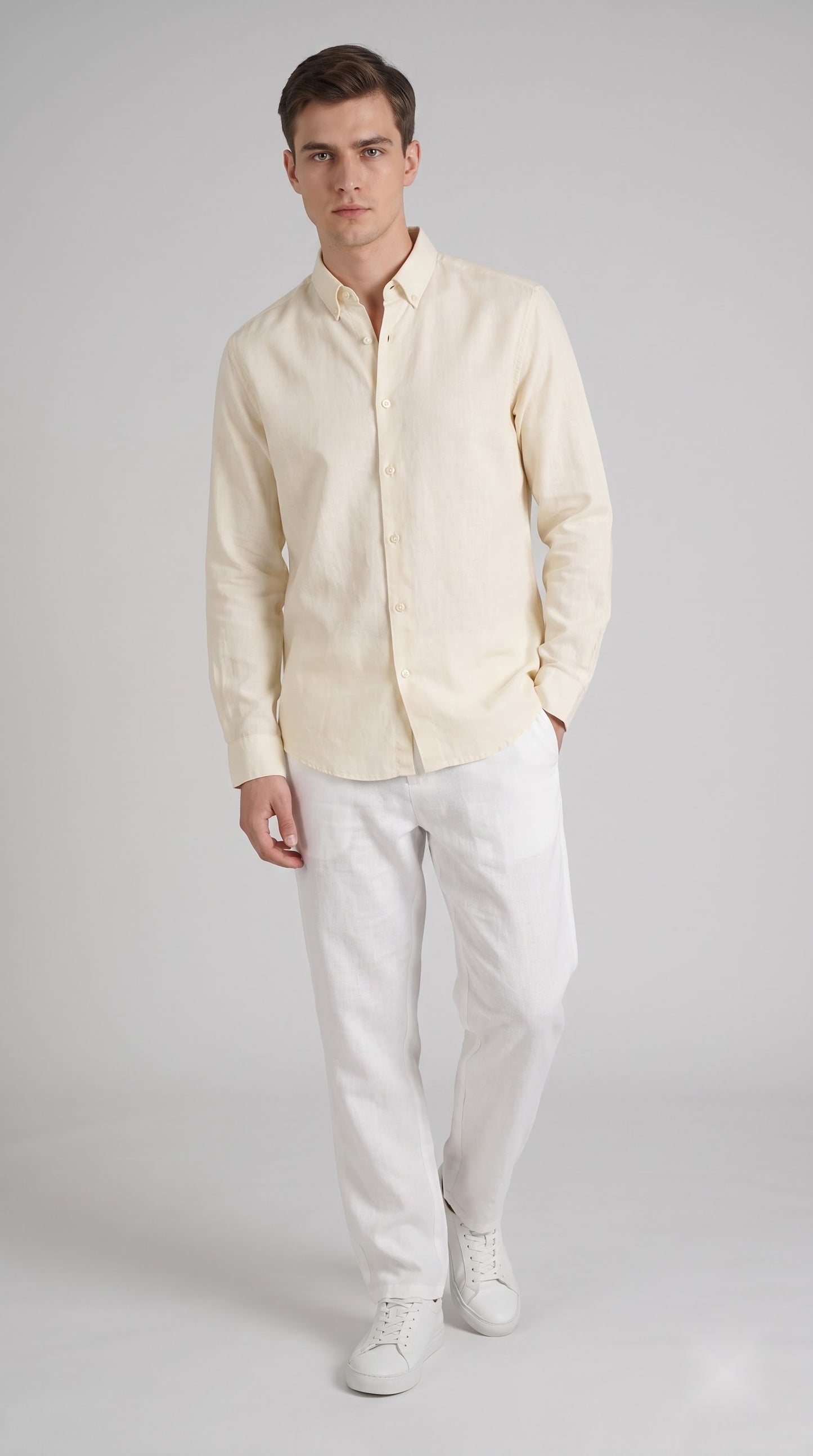 Off White Linen Regular Fit Shirt