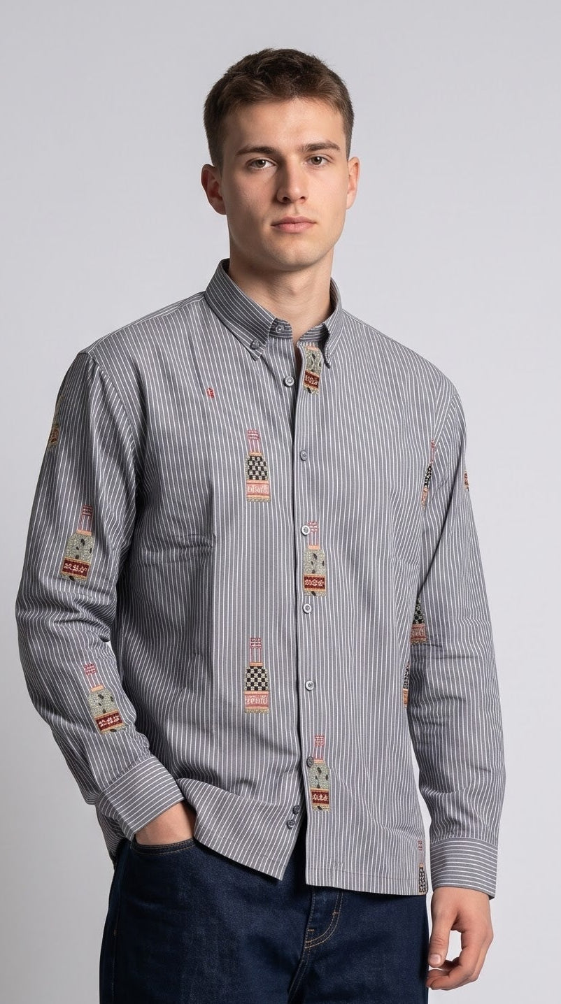 Bottle Embroidered Striped Boxy Fit Shirt - Grey