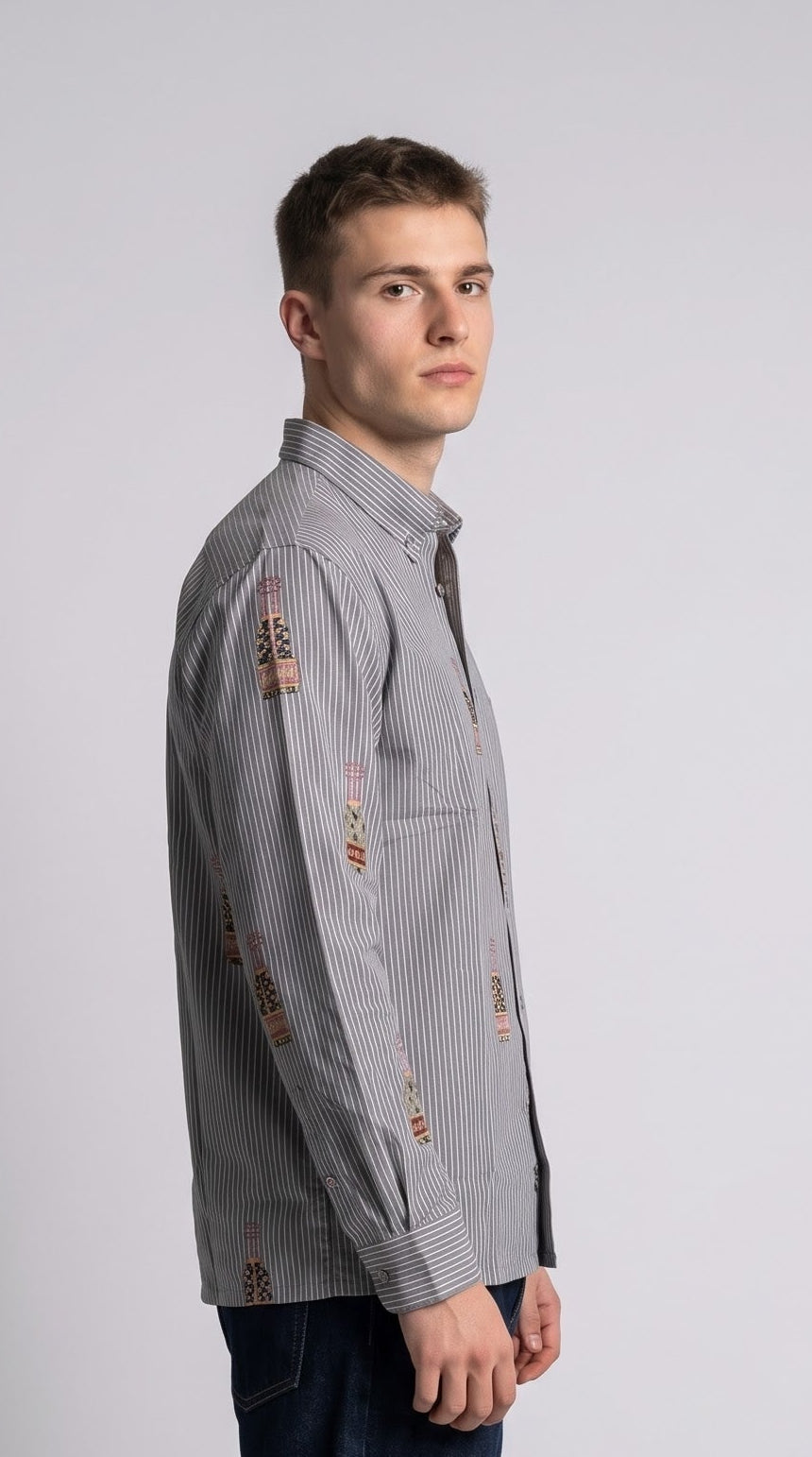 Bottle Embroidered Striped Boxy Fit Shirt - Grey
