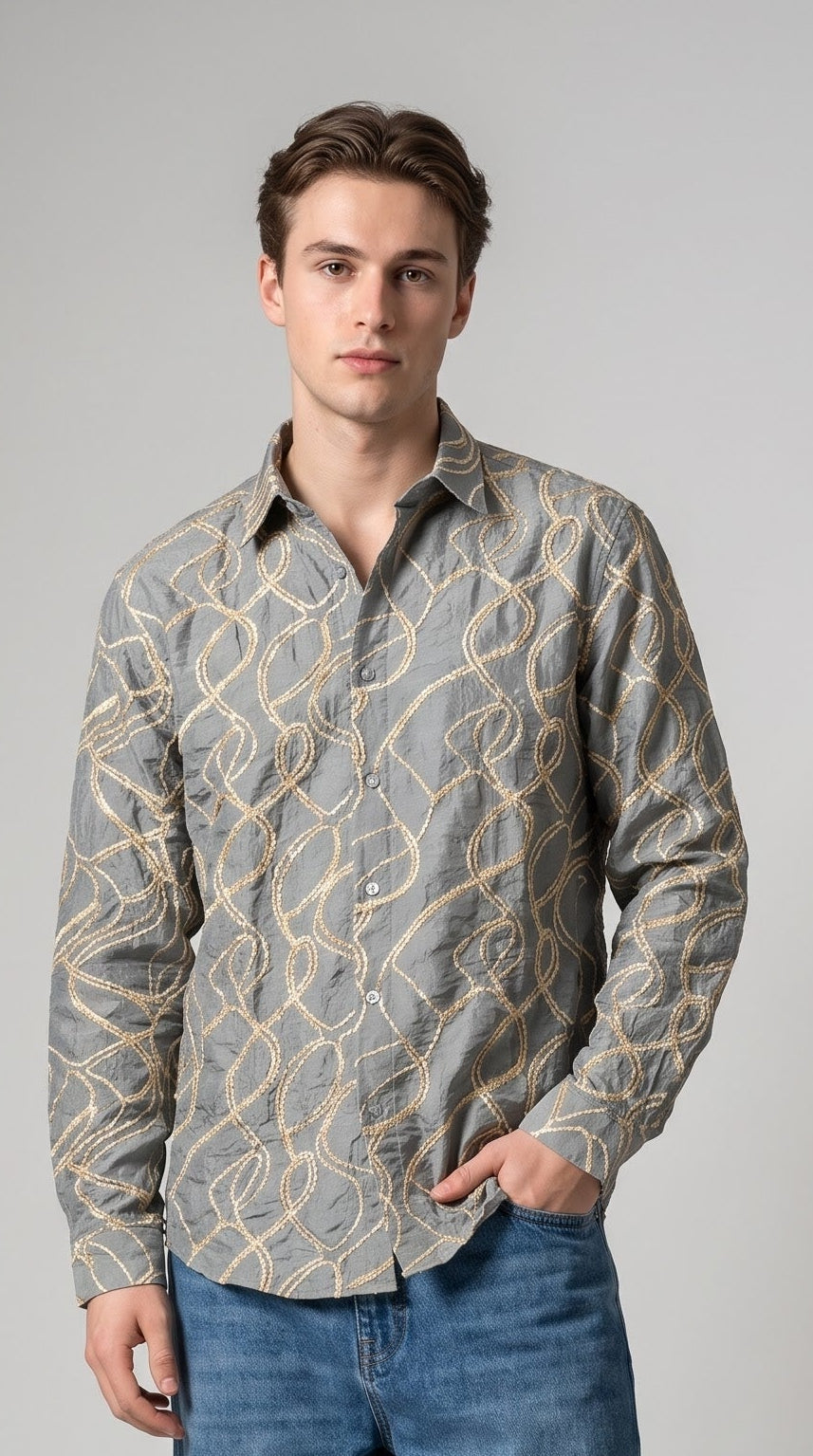 Abstract Embroidered Crushed Texture Shirt - Grey