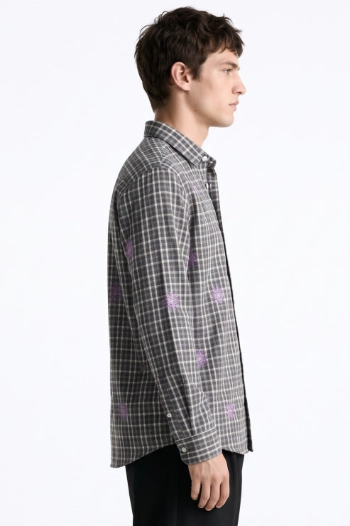 Charcoal Check Floral Embroidered Shirt