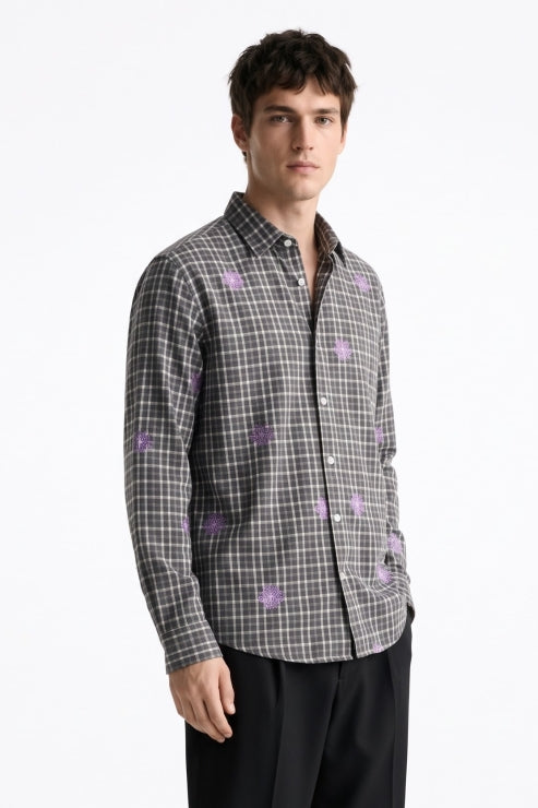 Charcoal Check Floral Embroidered Shirt