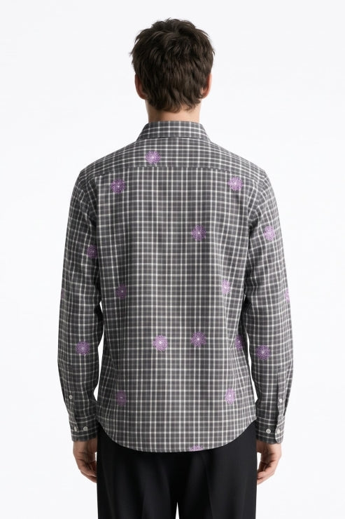 Charcoal Check Floral Embroidered Shirt