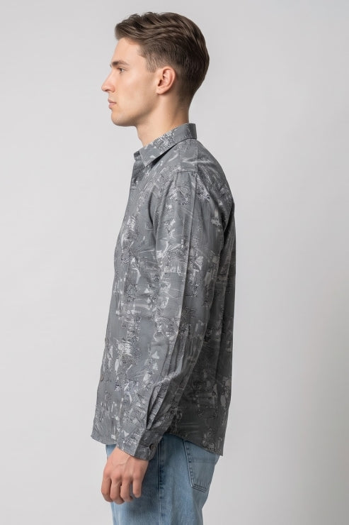Abstract Cement Grey Print Regular Fit Shirt