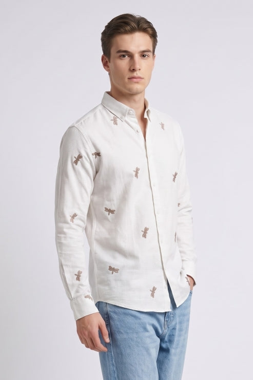 Dragonfly Embroidery Jute Shirt