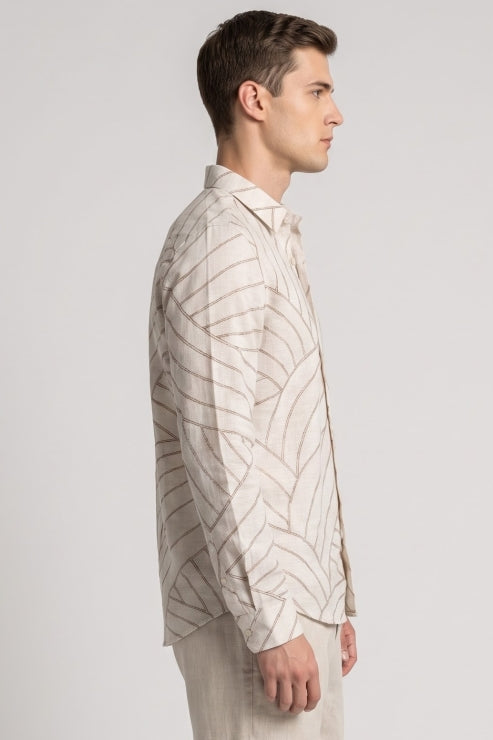 Abstract Line Embroidered Linen Shirt
