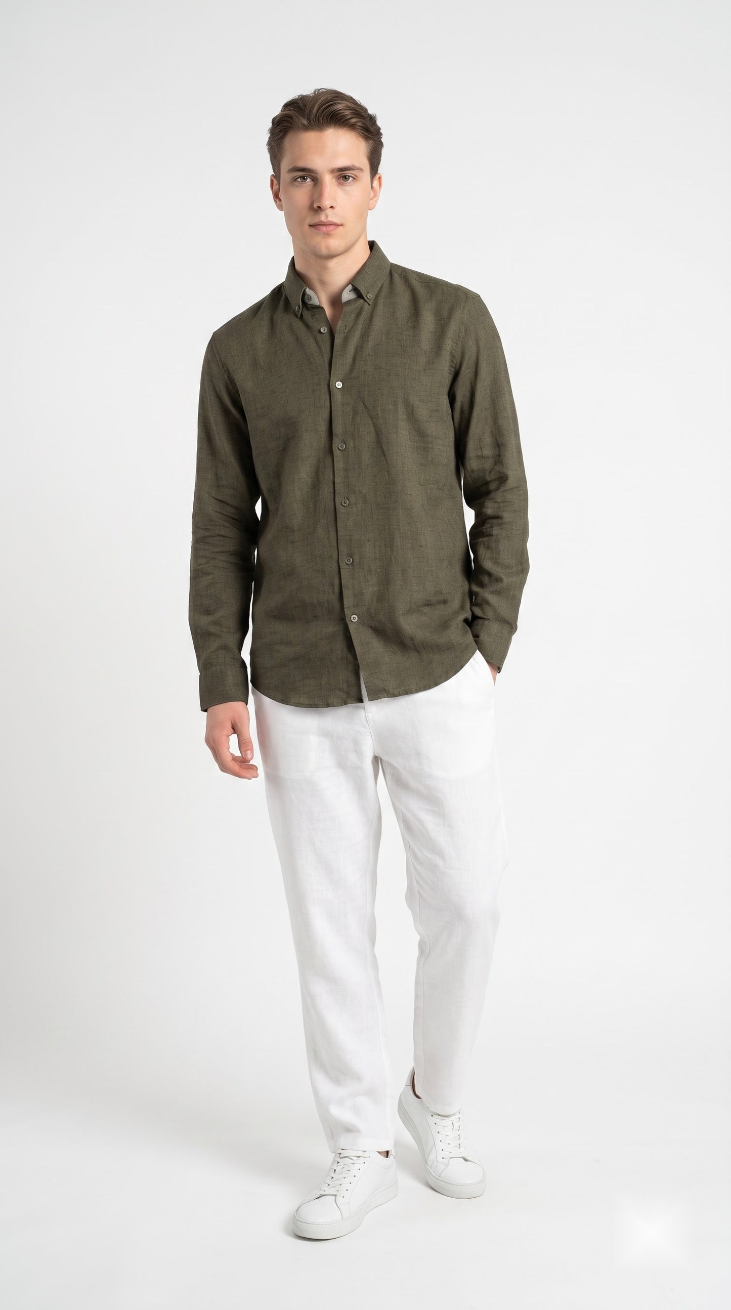 Olive Green Linen Regular Fit Shirt