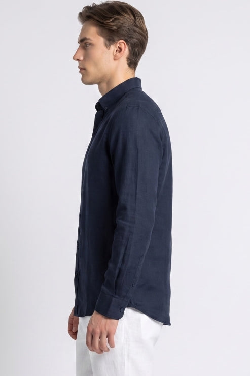 Dark Blue Linen Regular Fit Shirt