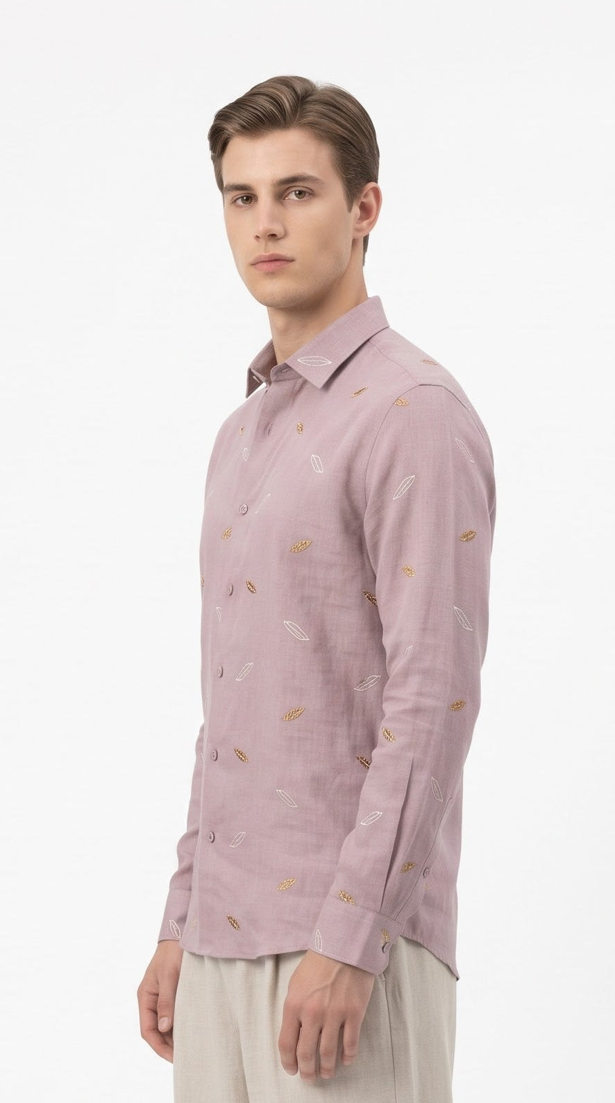 Leaf Embroidered Linen Shirt - Pink