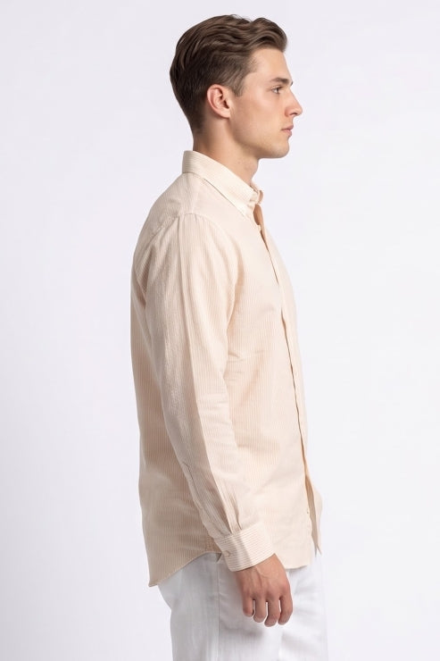 Beige Stripe Linen Regular Fit Shirt
