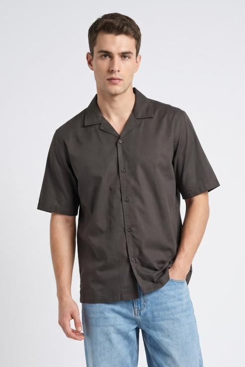 Brown Cuban Collar Regular Fit Shirt