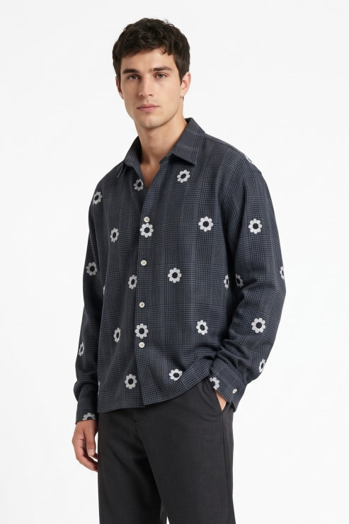 Heavy Fabric Boxy Fit Check Shirt - Charcoal