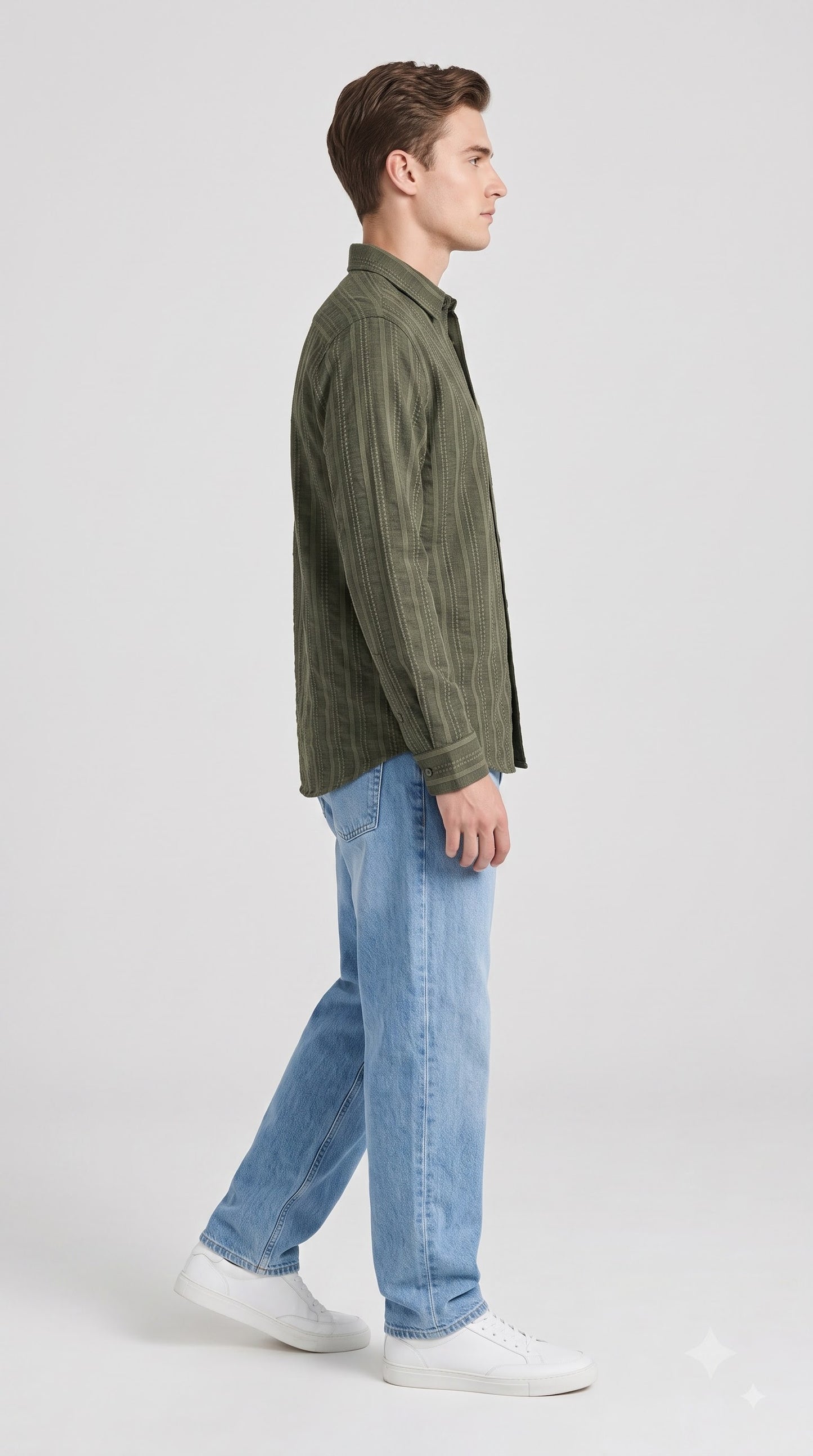 Olive Green Embroidered Stripe Regular Fit Shirt