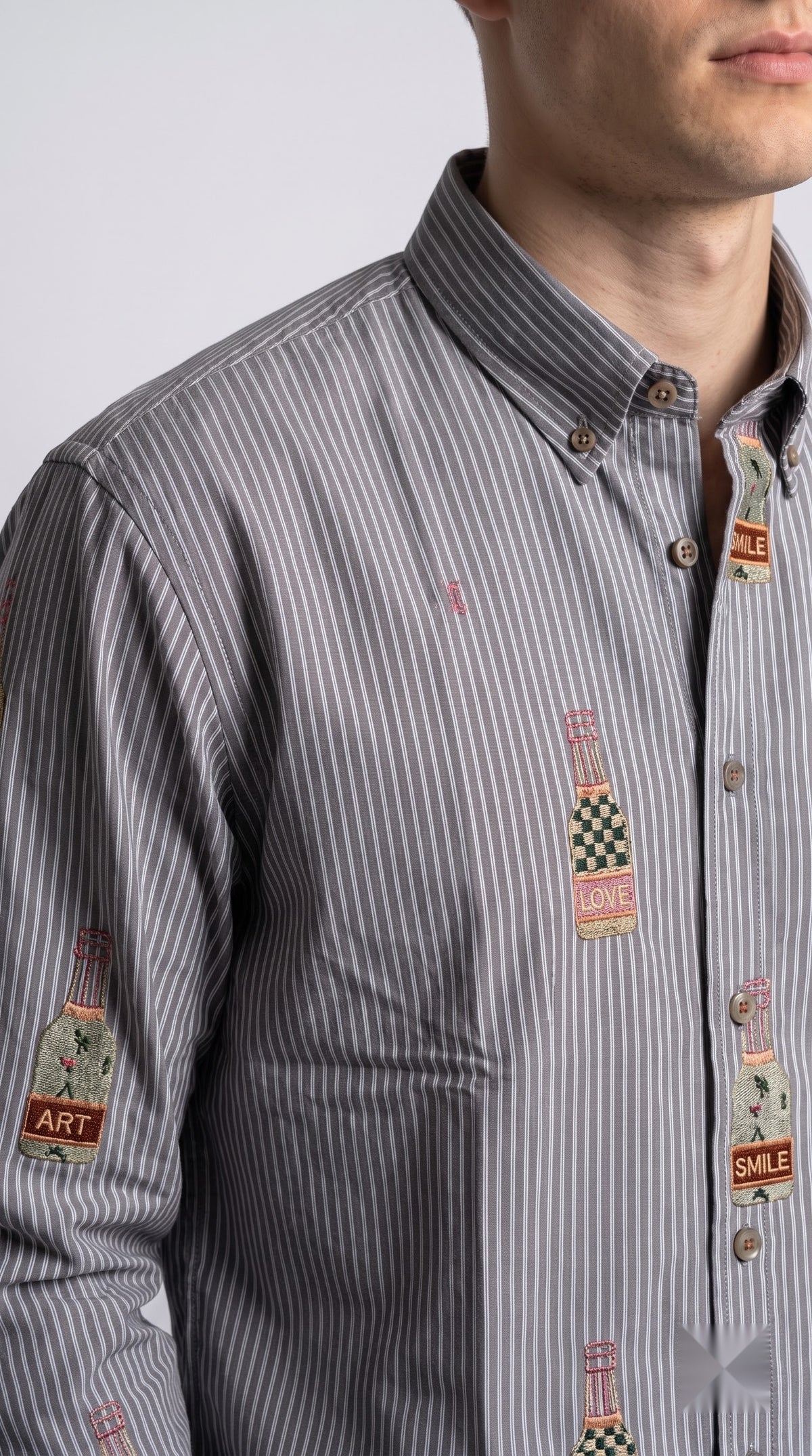 Bottle Embroidered Striped Boxy Fit Shirt - Grey