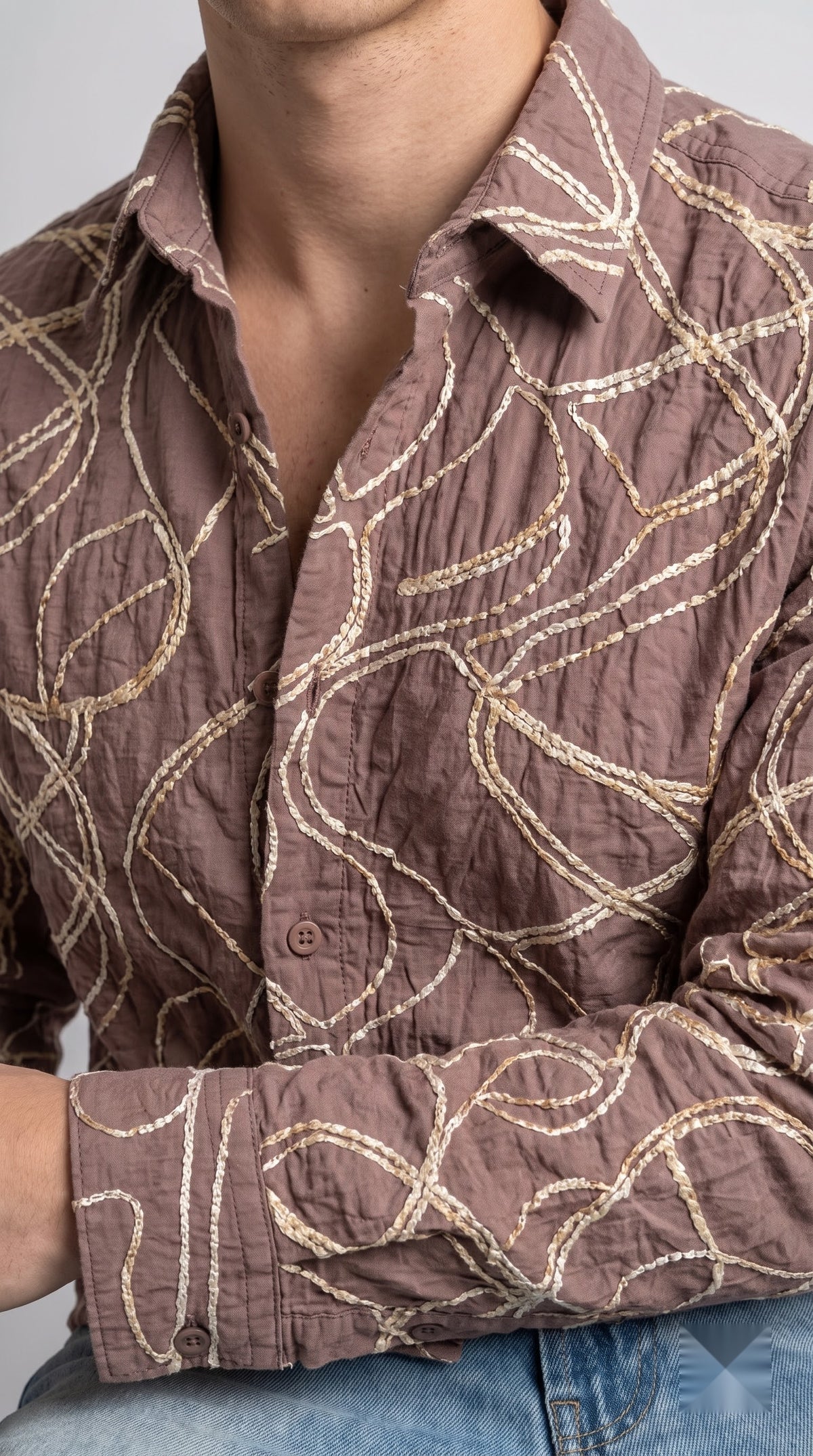 Abstract Embroidered Crushed Texture Shirt - Mauve Brown