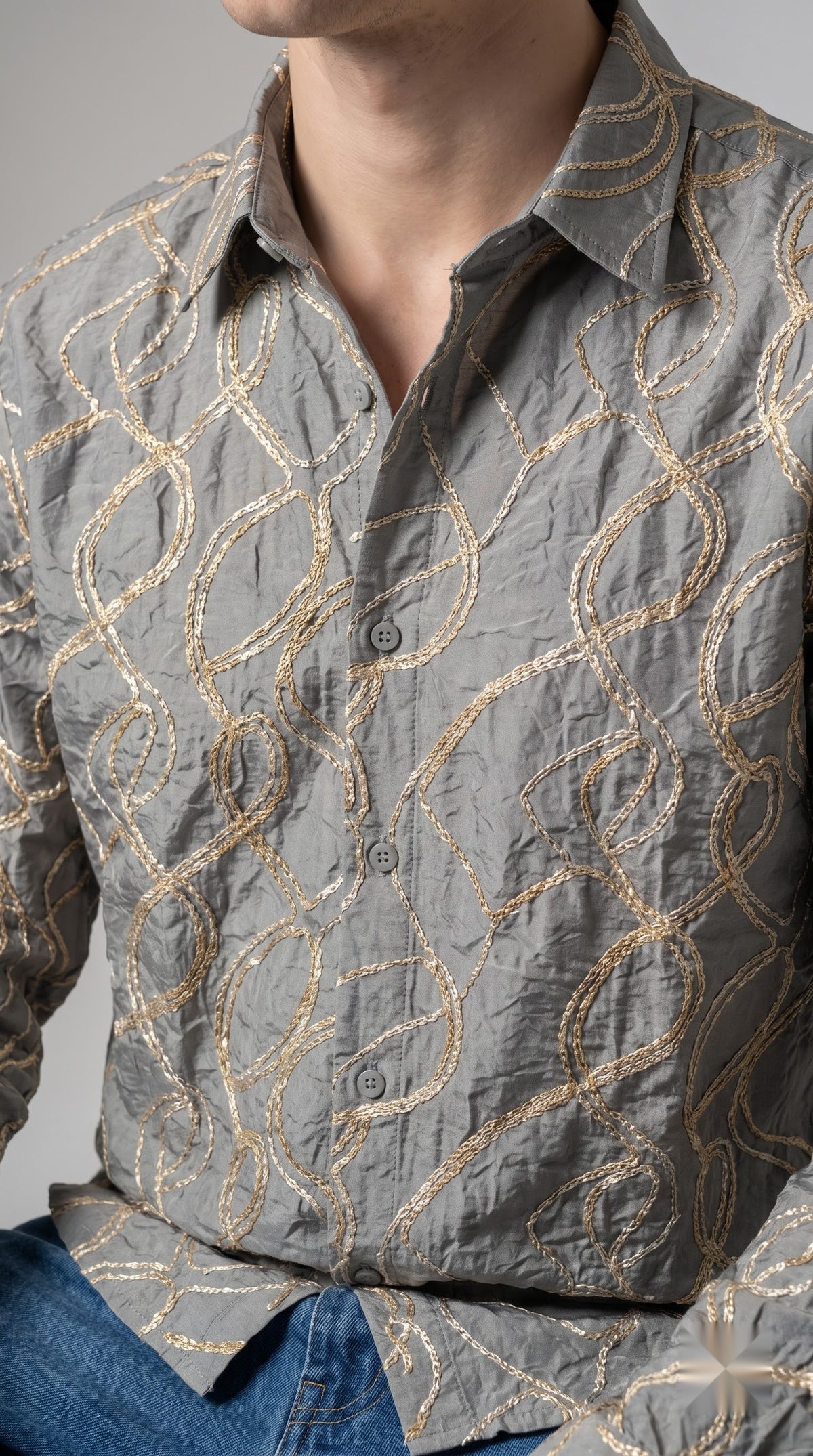 Abstract Embroidered Crushed Texture Shirt - Grey