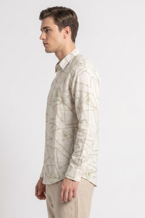 Abstract Geometry Embroidered Linen Shirt