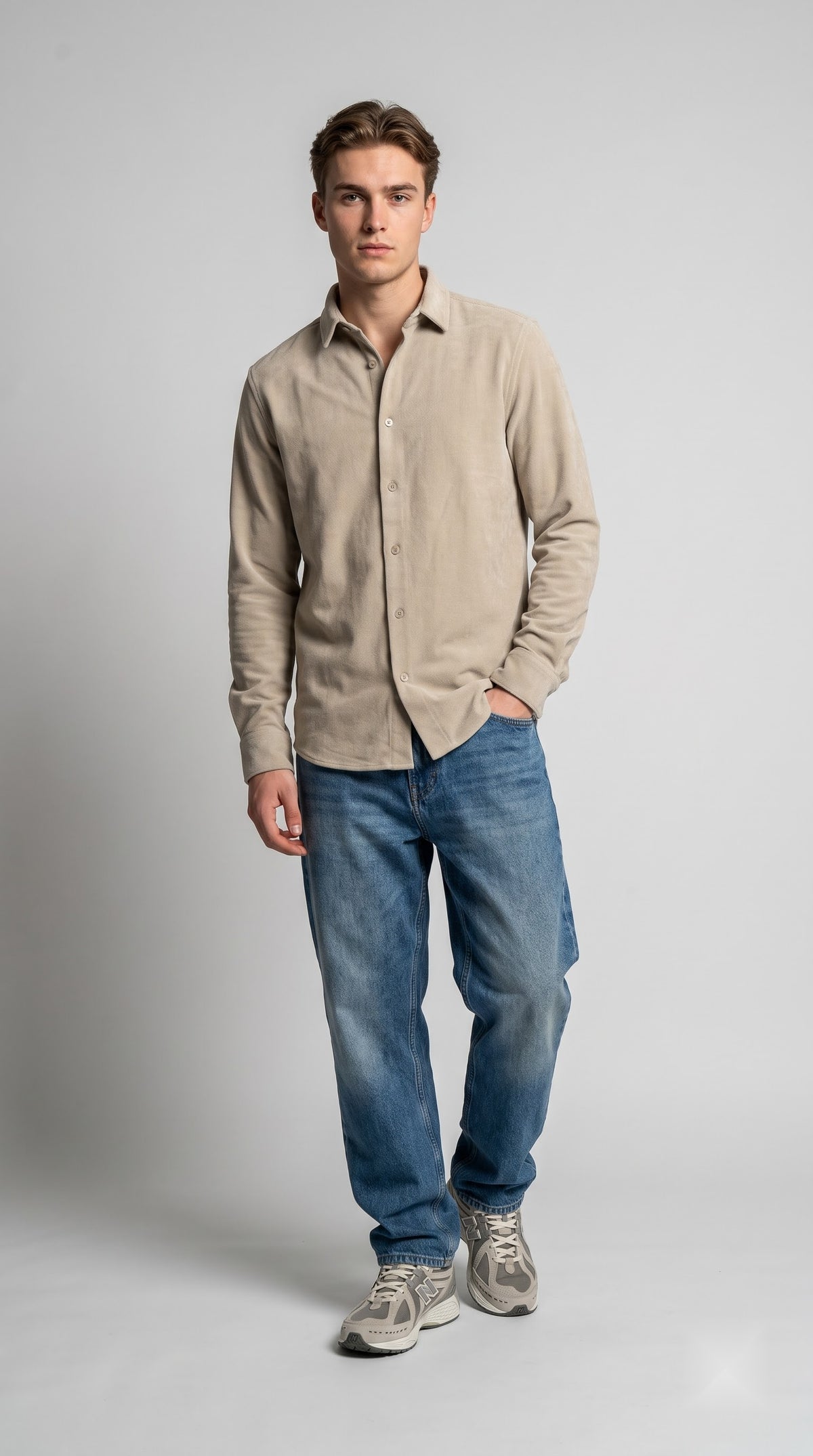 Solid Beige Corduroy Regular Fit Shirt