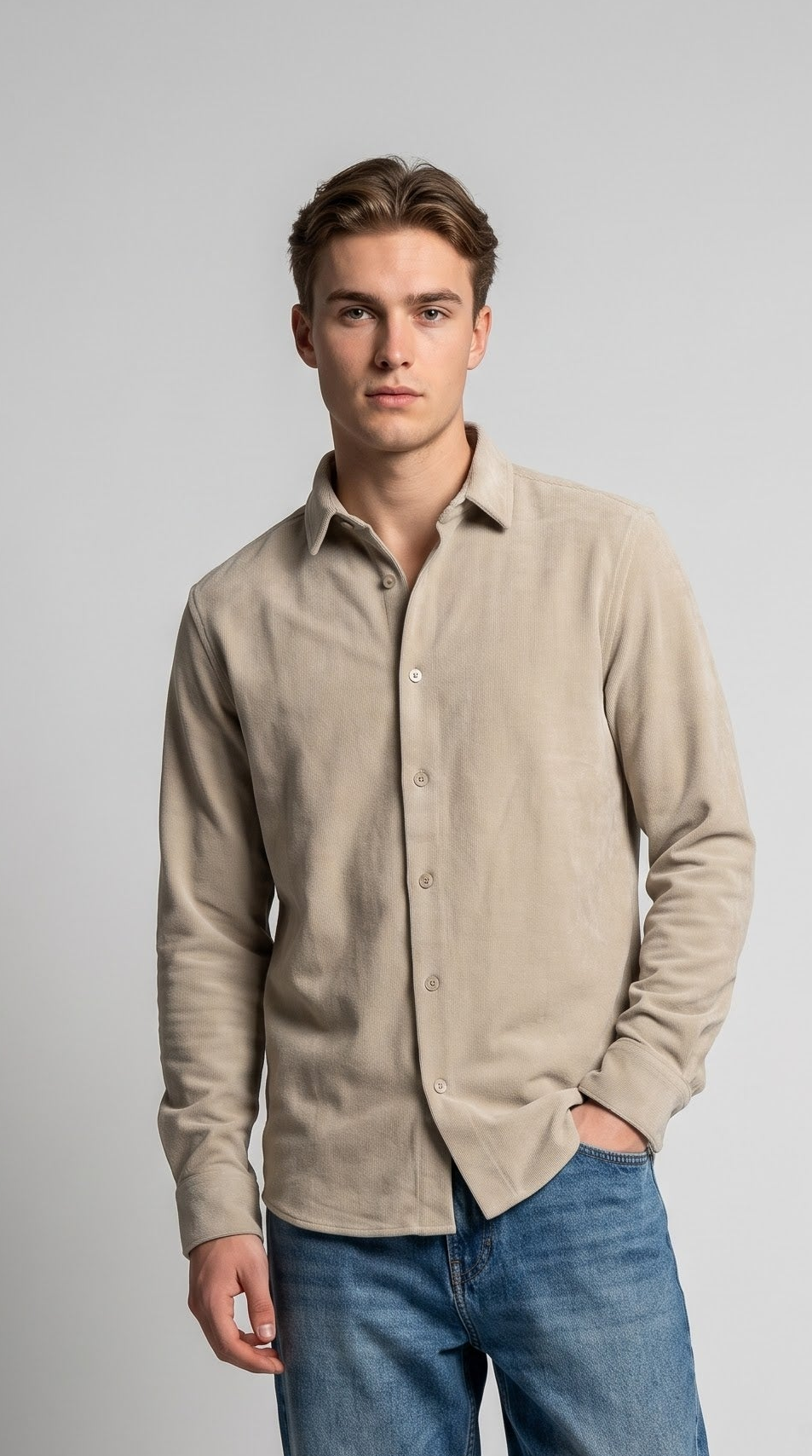 Solid Beige Corduroy Regular Fit Shirt