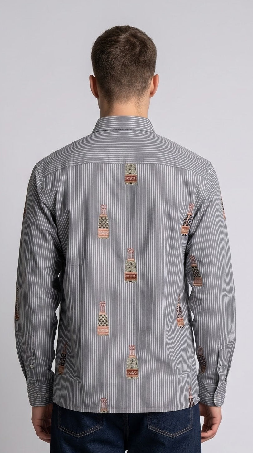 Bottle Embroidered Striped Boxy Fit Shirt - Grey