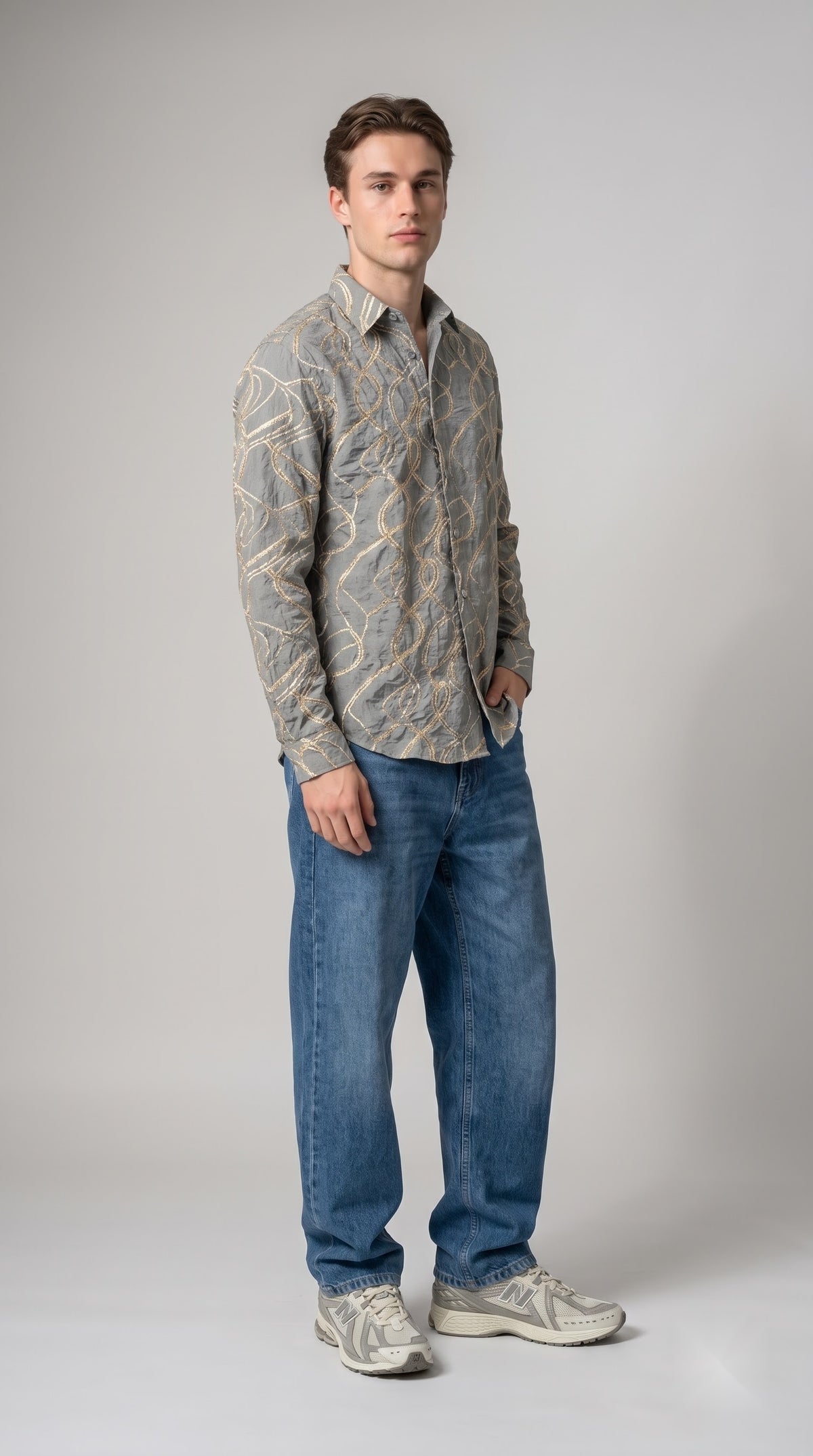 Abstract Embroidered Crushed Texture Shirt - Grey