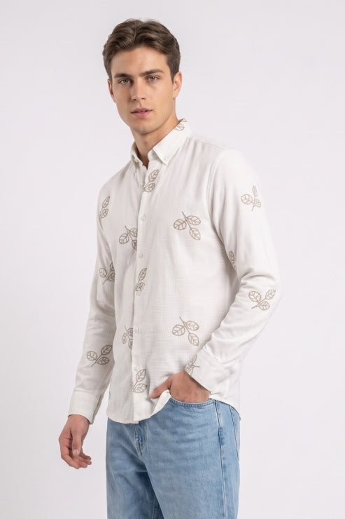 Leaf Embroidery Jute Shirt