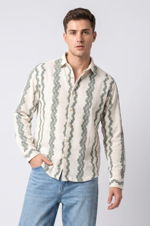 Green Embroidered Stripe Jute Regular Fit Shirt