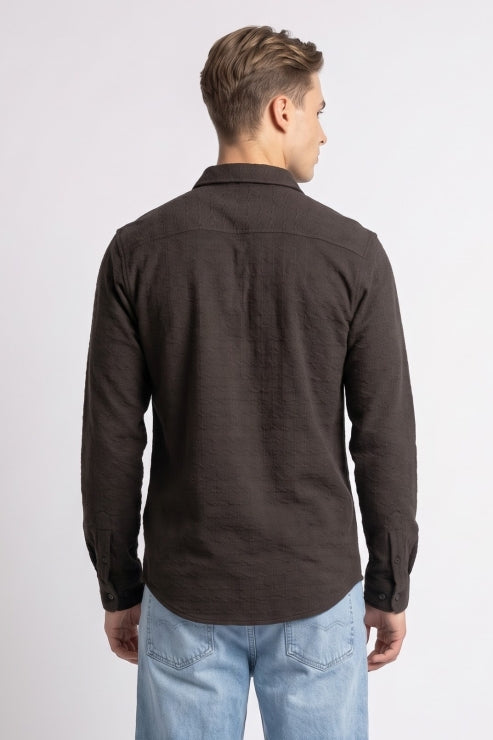 Coffee Brown Jacquard Regular Fit Shirt