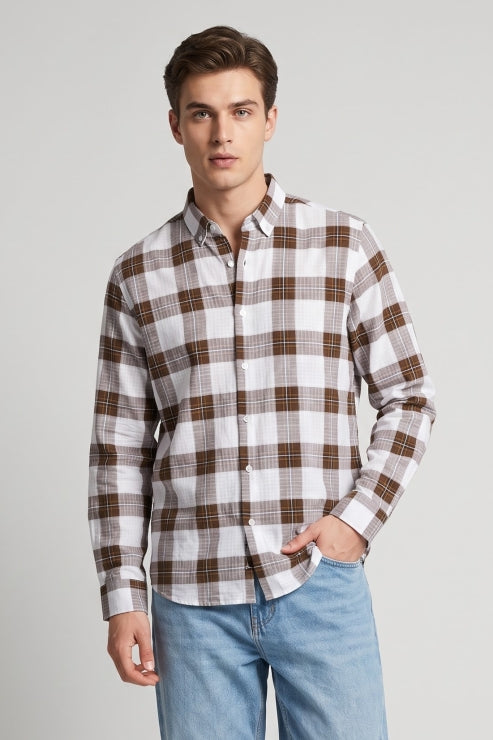Regular Fit Imported Fabric White /Brown Check Shirts