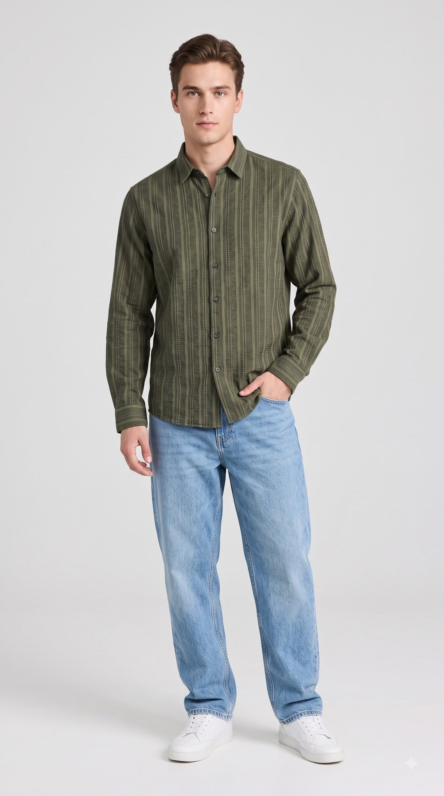 Olive Green Embroidered Stripe Regular Fit Shirt