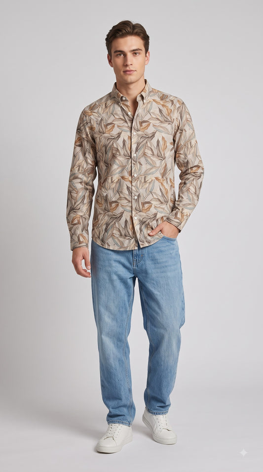 Creative Leaf Print Regular Fit Shirt