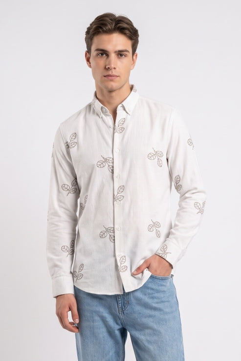 Leaf Embroidery Jute Shirt