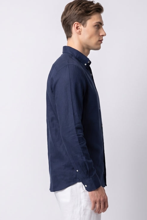 Navy Blue Linen Regular Fit Shirt