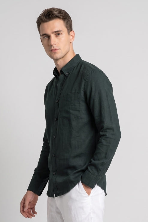 Dark Green Linen Regular Fit Shirt