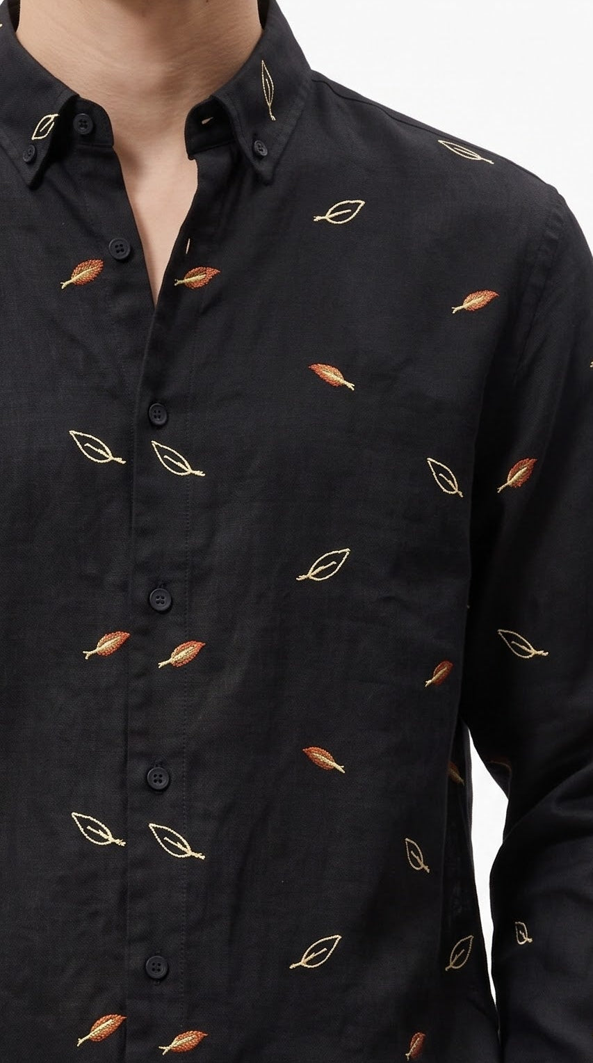 Leaf Embroidered Linen Shirt - Black