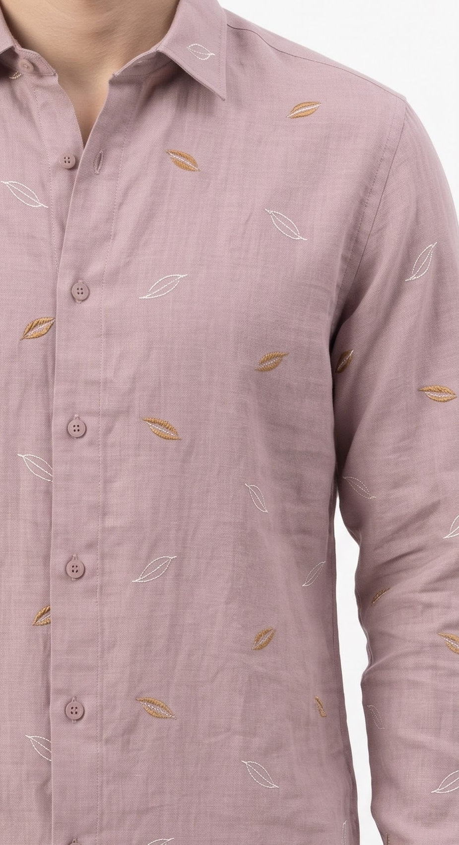 Leaf Embroidered Linen Shirt - Pink