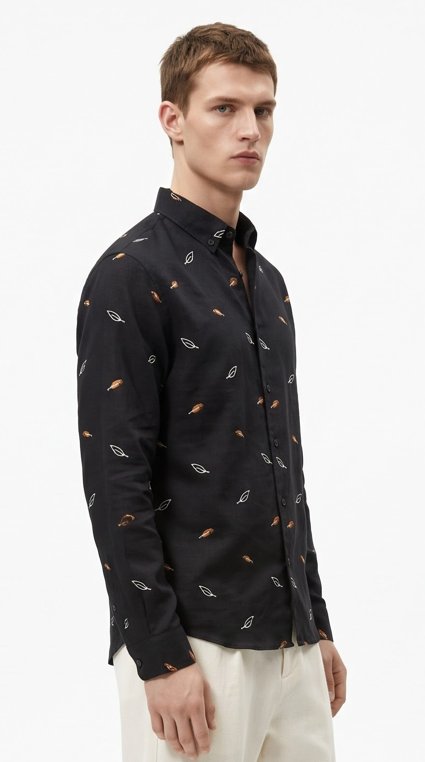 Leaf Embroidered Linen Shirt - Black