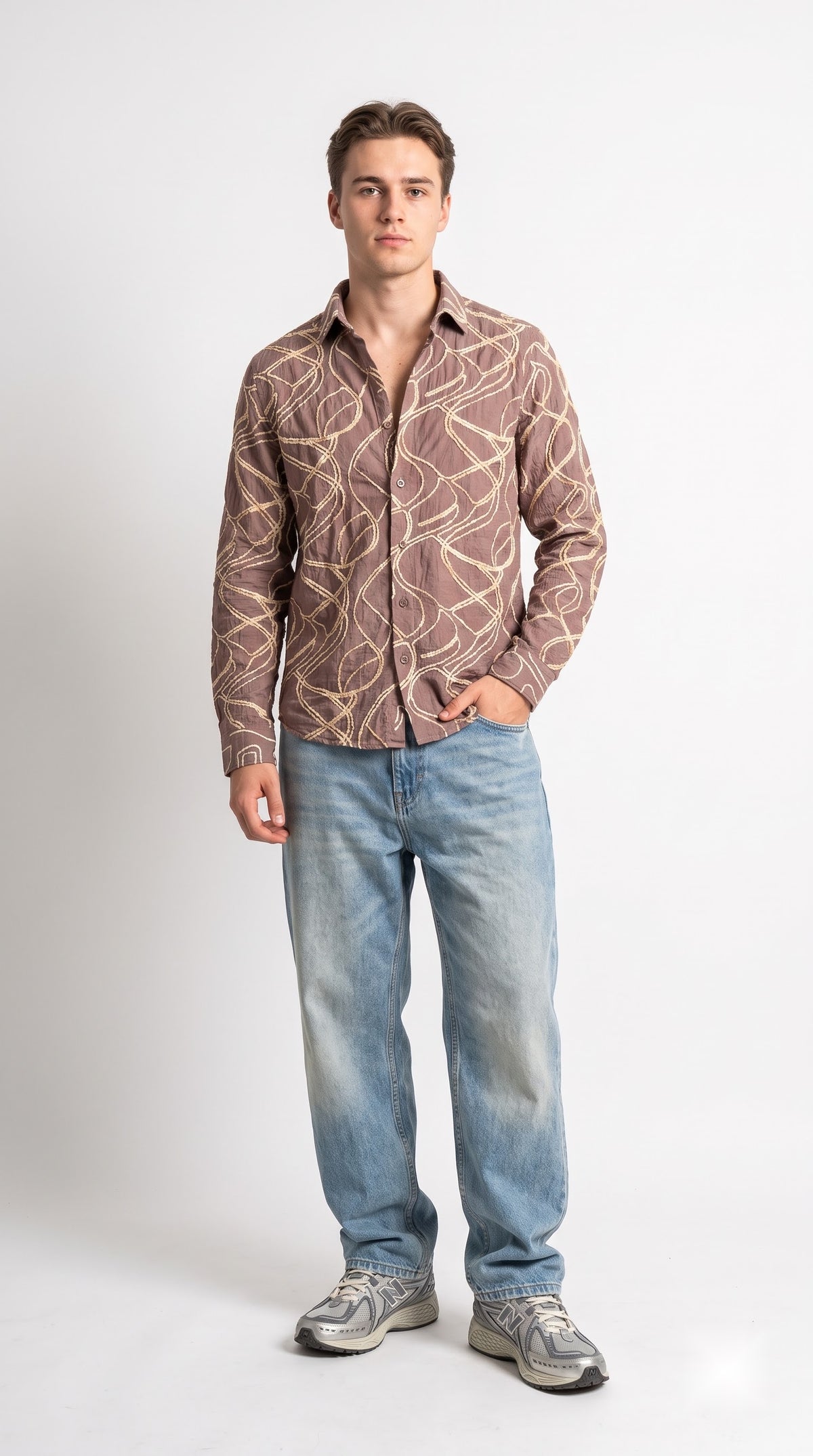Abstract Embroidered Crushed Texture Shirt - Mauve Brown