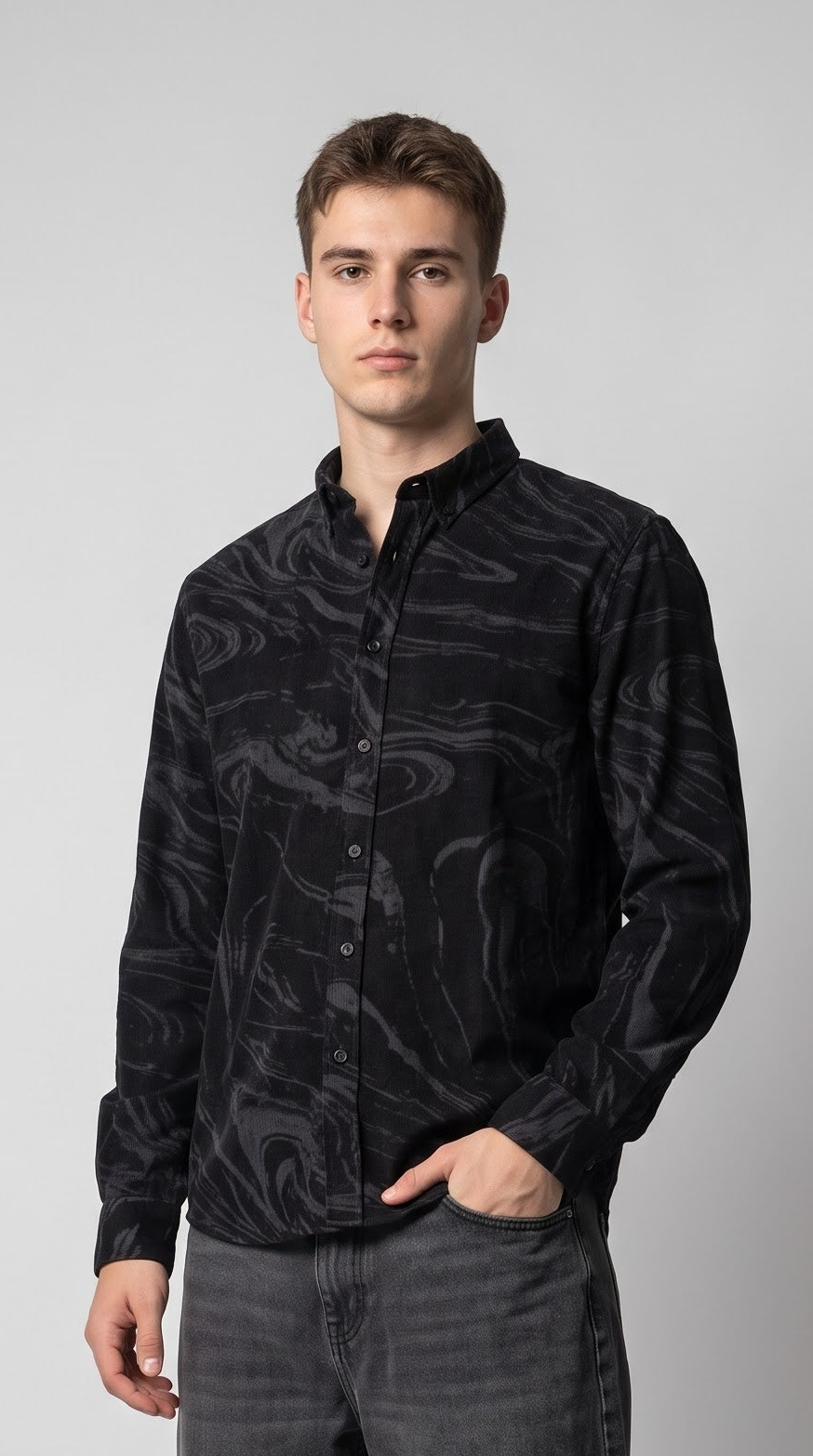 Black Abstract Print Corduroy Shirt