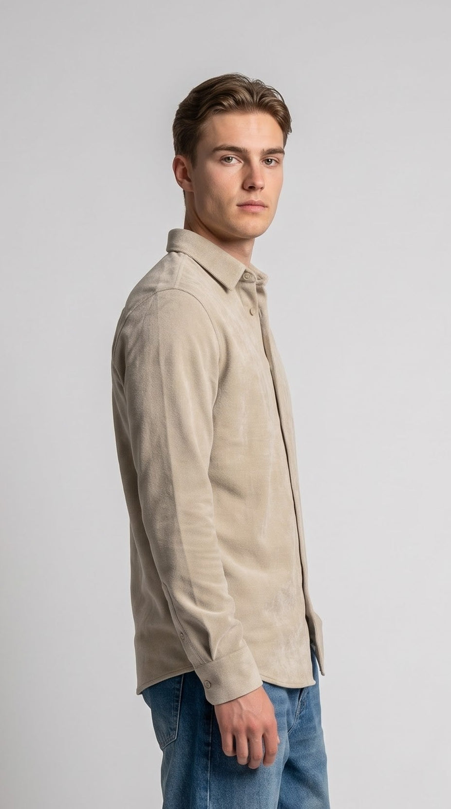 Solid Beige Corduroy Regular Fit Shirt
