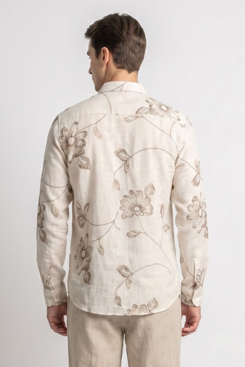 Abstract Floral Embroidered Linen Shirt