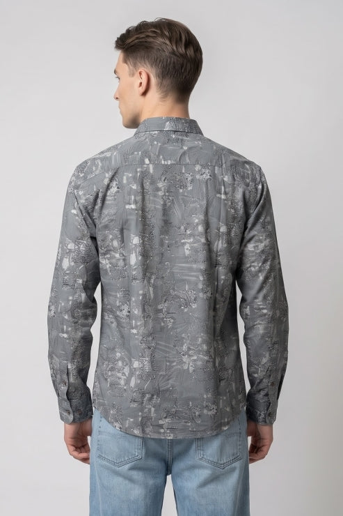 Abstract Cement Grey Print Regular Fit Shirt